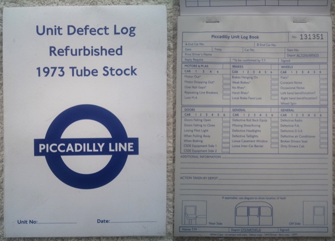 London Underground 1973 stock Defect Lob Book availavle for sale